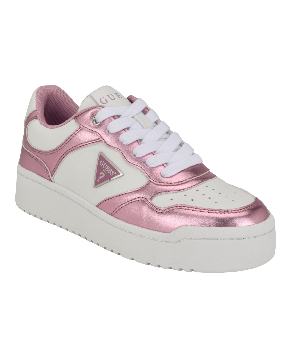 Shop Guess Women's Miram Platform Lace-up Court Sneakers In White,pink Metallic