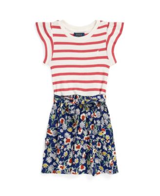 폴로 랄프로렌 Polo Ralph Lauren Toddler and Little Girls Striped Floral Cotton-Blend Dress,Nuntucket Red Deckwash, White Stripe, Deckwash Whi