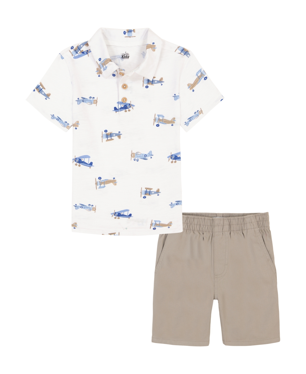 Kids Headquarters Baby Boys Short Sleeve Printed Slub Polo Shirt And Twill Shorts Set In White,khaki