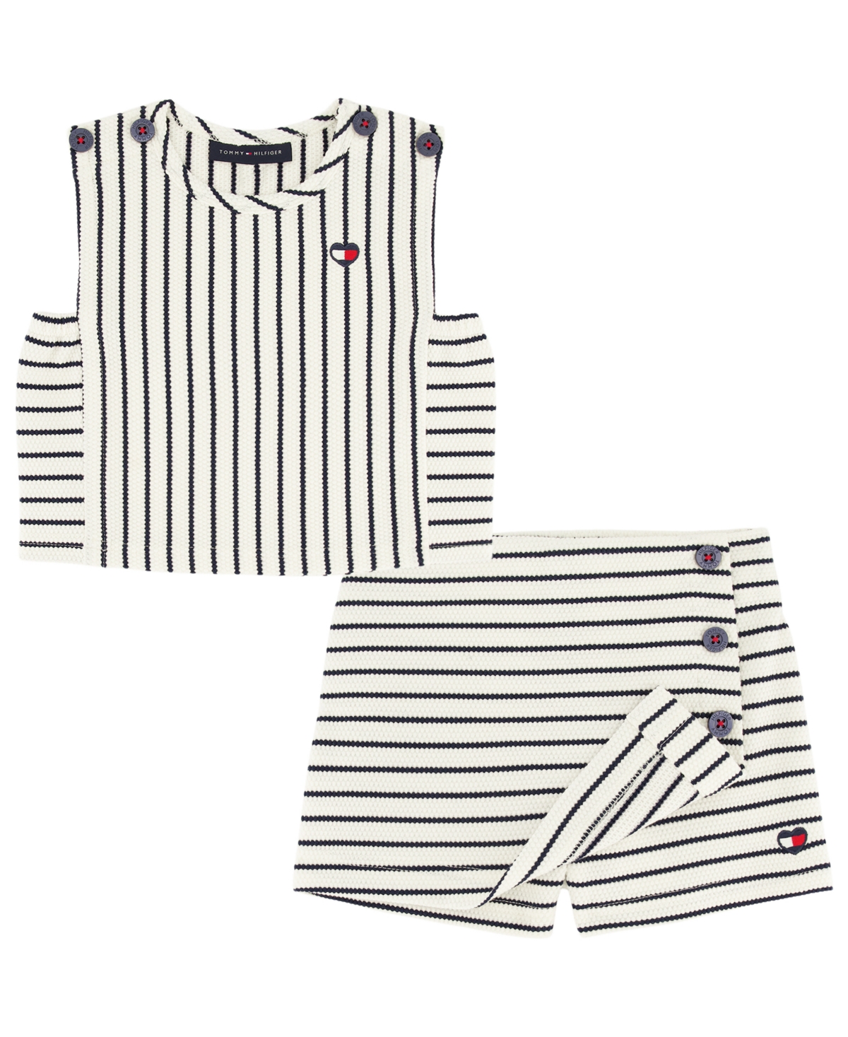 Tommy Hilfiger Kids' Little Girls Stretch Popcorn Knit Striped Shorts, 2 Piece Set In White,navy