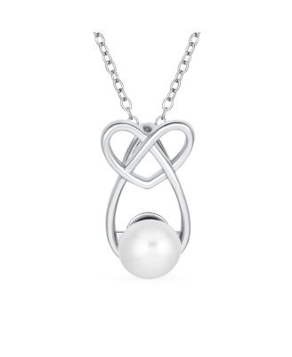 Elegant Forever Knot Infinity Intertwined Heart Teardrop Cultured Freshwater White Pearl Necklace Pendant Sterling Silver 16 Inch
