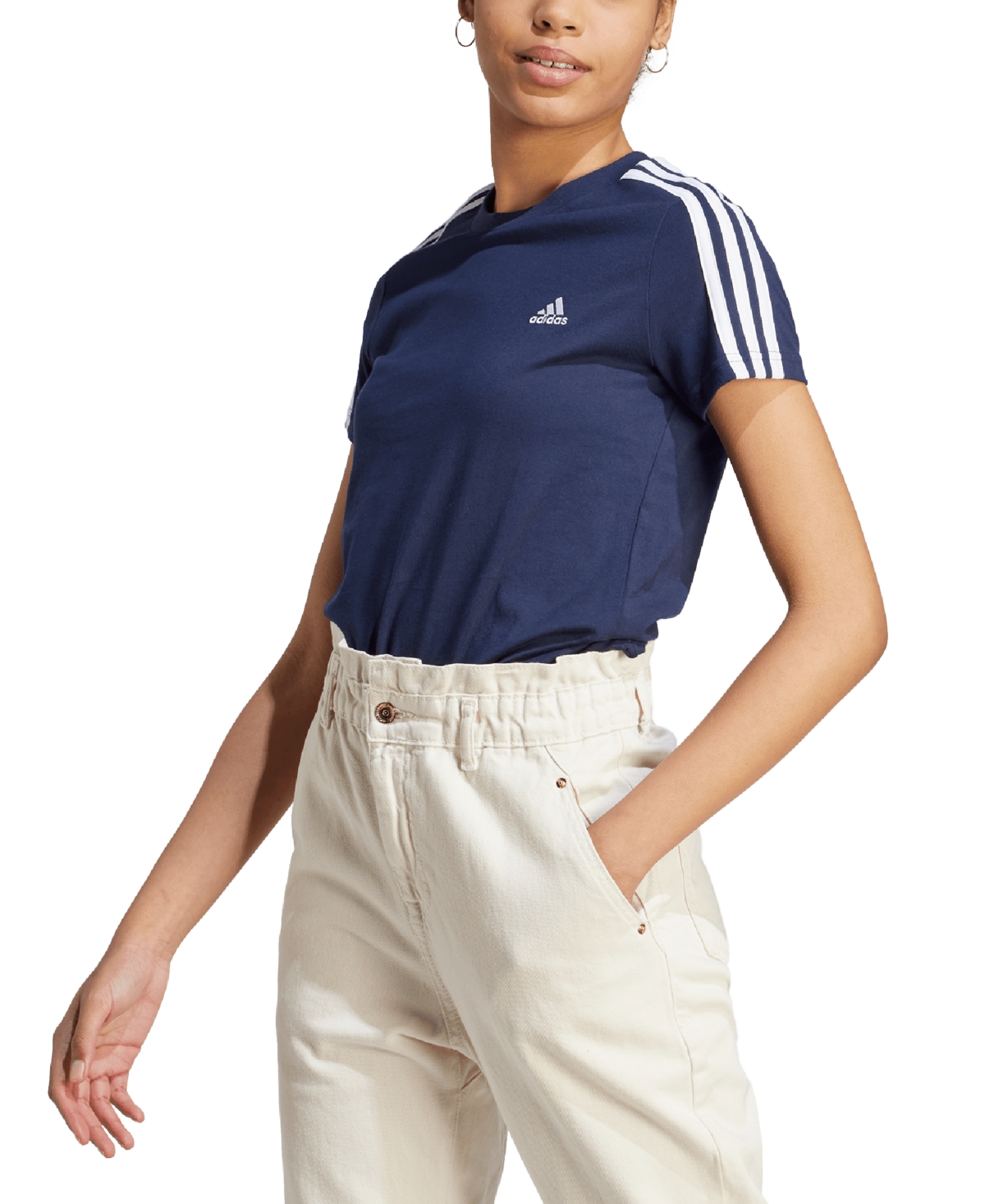 Adidas Originals Women's Essentials Cotton 3 Stripe T-shirt In Ink,white