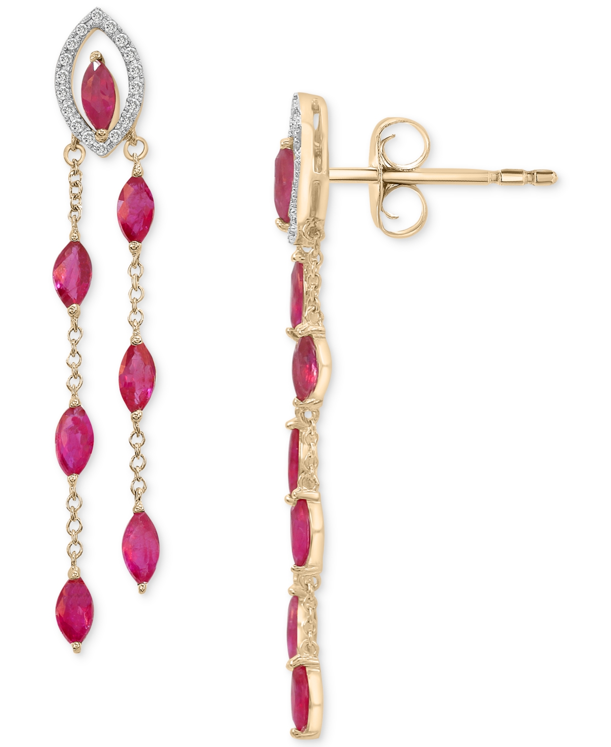 (2-1/3 ct. t.w.) & Diamond (1/10 ct. t.w.) Navette Dangle Drop Earrings in 14k Gold - Ruby