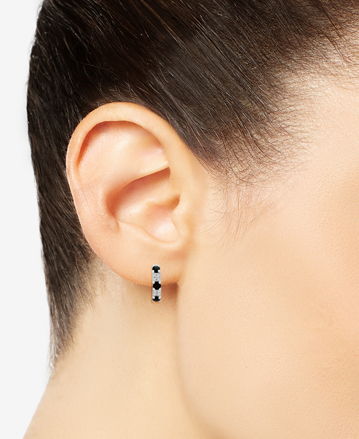 2-Pc. Set Onyx & White Topaz Double Pierced Chain Earrings, & Huggie Hoop Earrings in Sterling Silver - White Topaz  Onyx