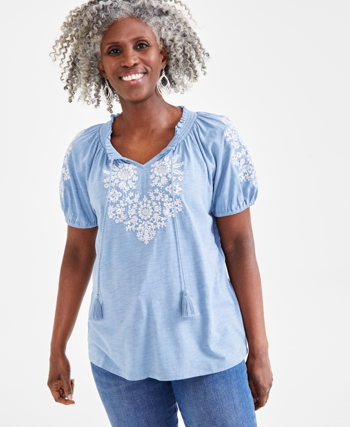 Petite Vacay Embroidered Tassel-Tie Top, Created for Macy's - Neo Natural