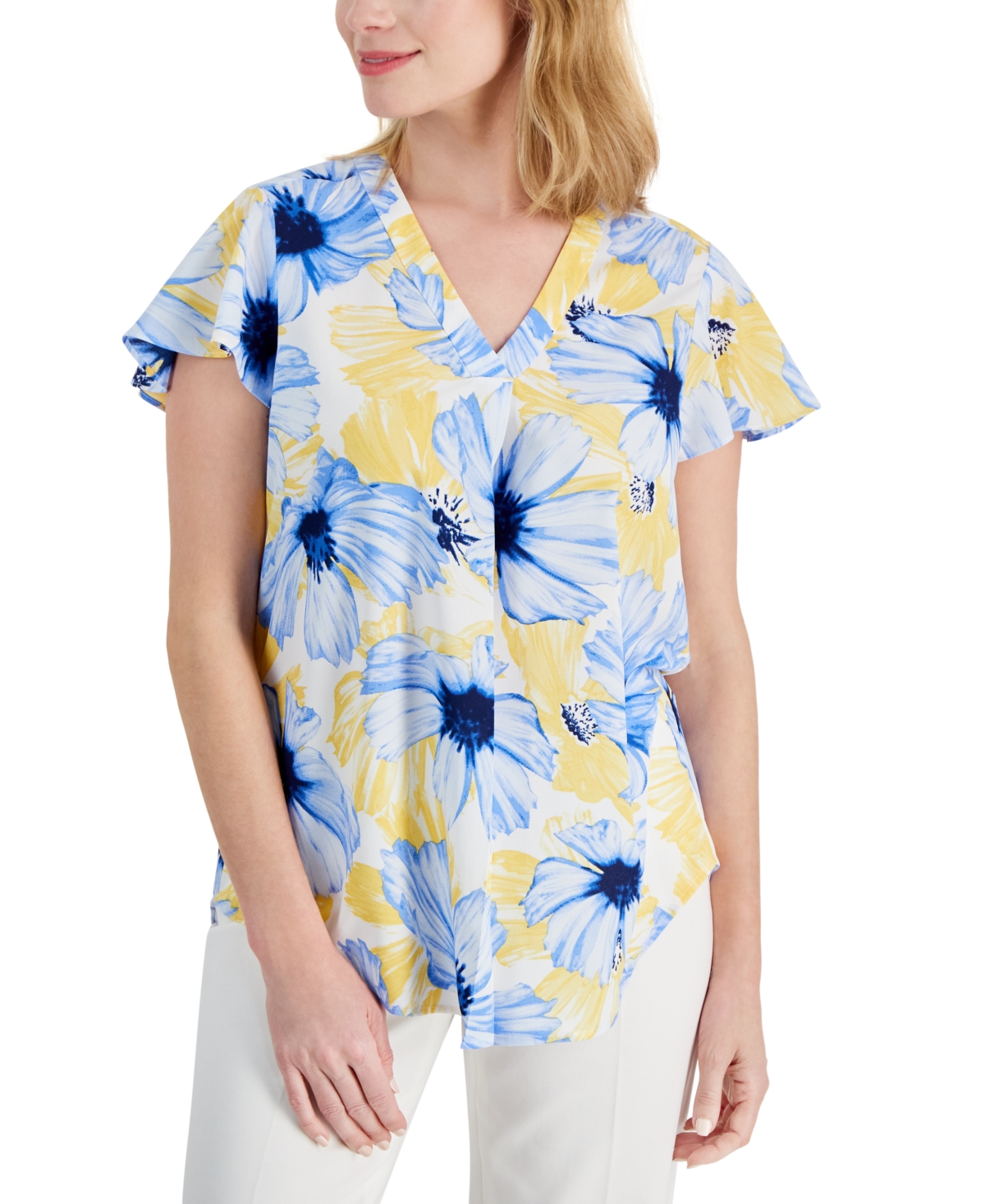 Shop Ak Anne Klein Petite Floral Print Pleat-front Flutter-sleeve Top In Shore Blue,yellow Multi