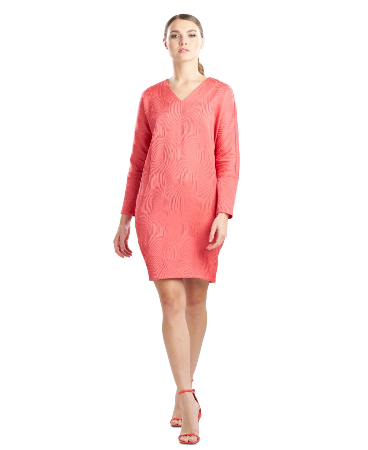Women's Long-Sleeve V-Neck Jacquard Dress - Coral Peach