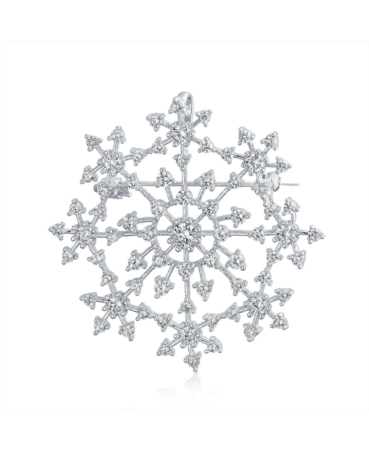 Large Frozen Winter Holiday Party Cz Pave Cubic Zirconia Scarf Christmas Statement Snowflake Brooch Pin For Women Silver Plated Brass - Clear
