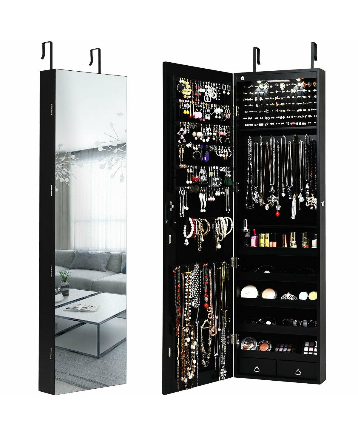 Wall and Door Mounted Mirrored Jewelry Cabinet with Lights-Black - Black