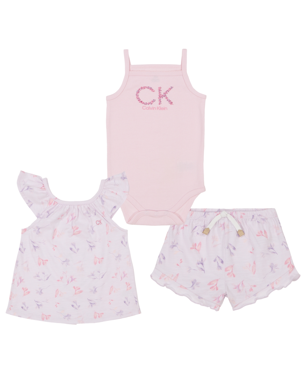 Calvin Klein Baby Girls Ribbed Bodysuit, Slub Jersey Floral Print Tank And Shorts, 3 Piece Set In Lilac,pink