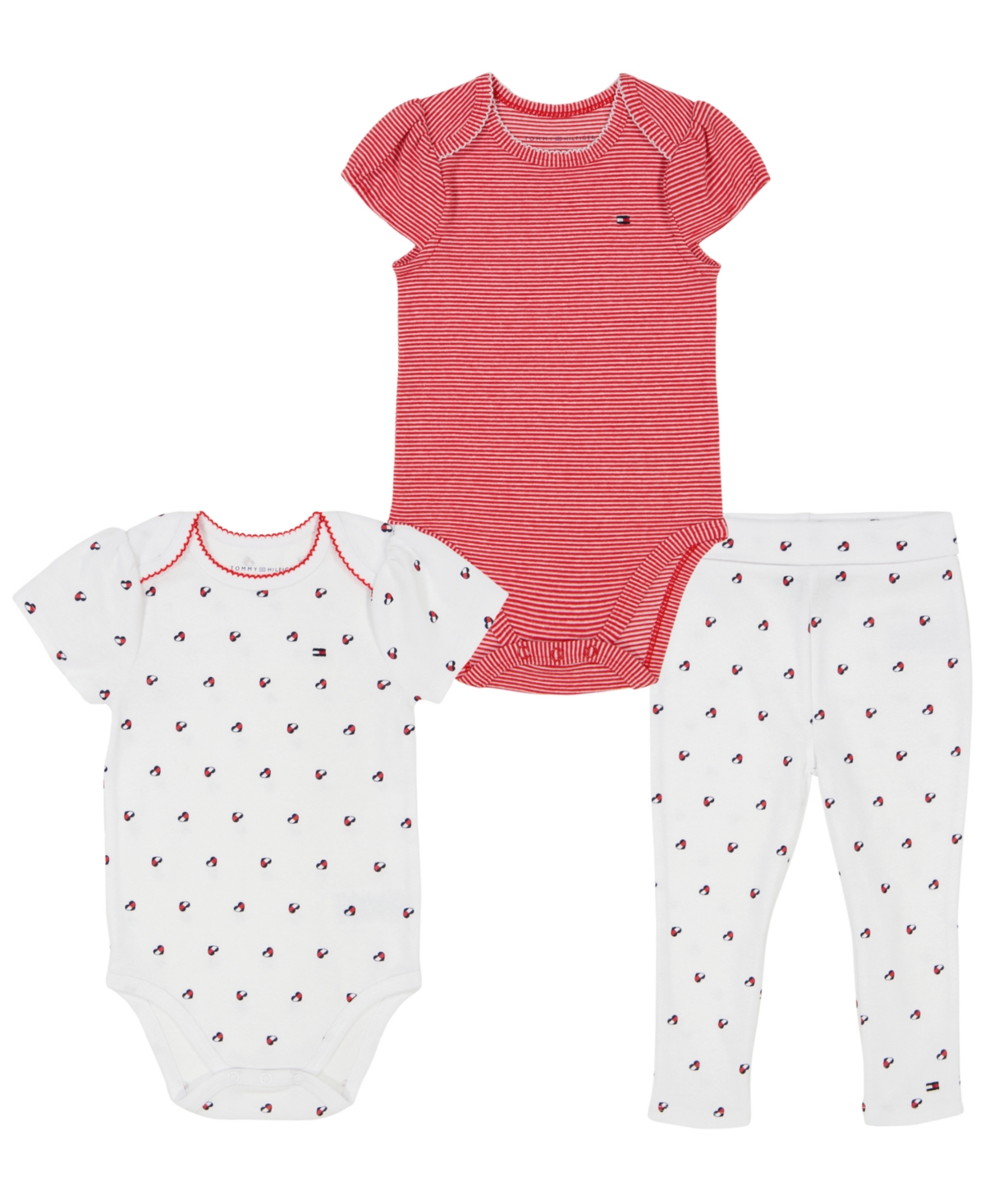 Shop Tommy Hilfiger Baby Girls Pattern Bodysuits And Joggers, 3 Piece Set In Red,white