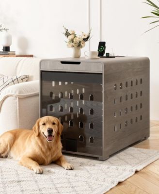 Dog Crate End Table with Charging Station, Furniture Style Pet Crate Nightstand for Medium to Large Dogs