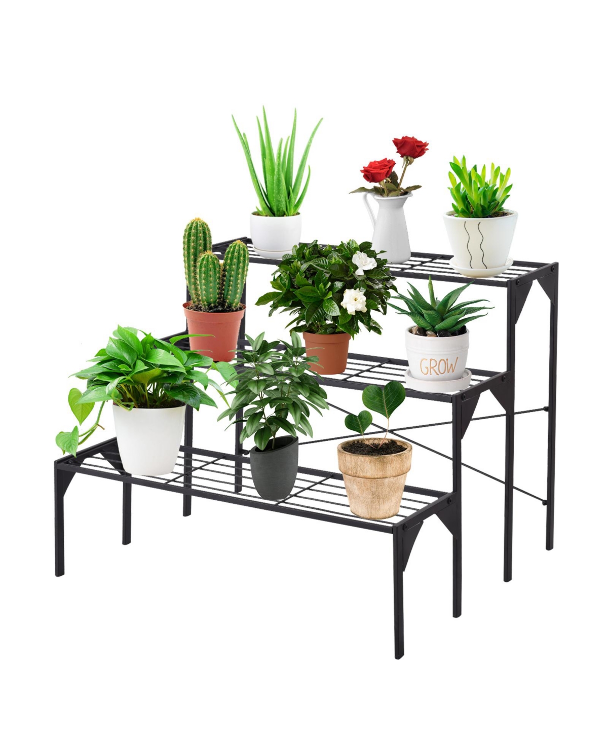 3 Tier Outdoor Metal Heavy Duty Modern for Multiple Plant Display Stand Rack - Black