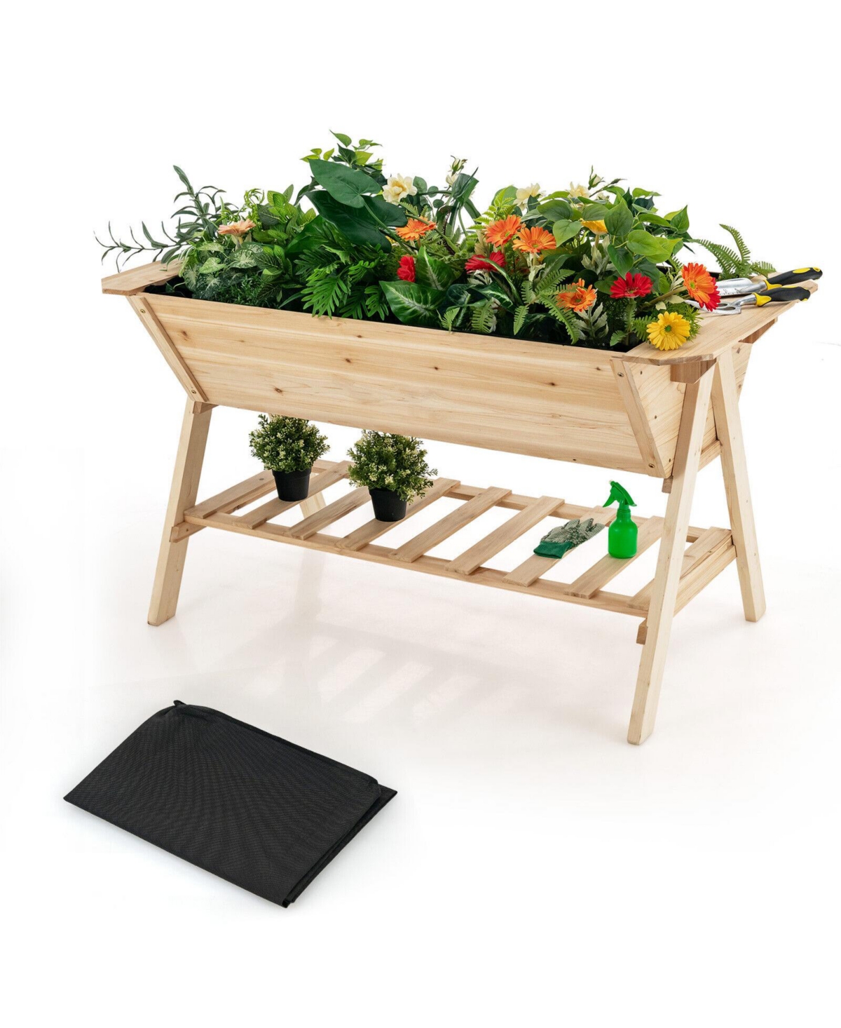 Raised Wood Garden Bed with Shelf and Liner - Natural