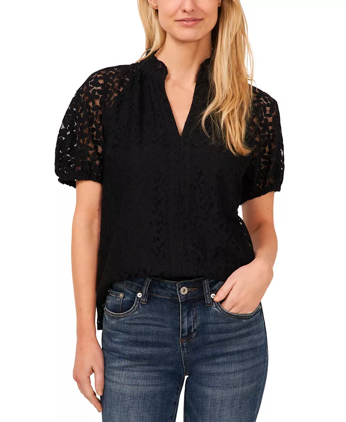 Women's Floral Lace Puff Sleeve Split Neck Top - thumbnail 4