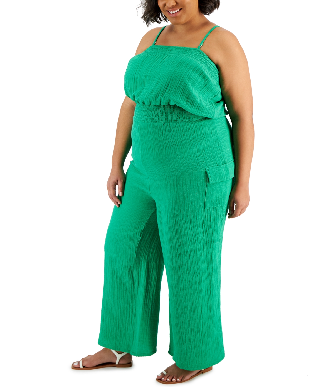 Shop Full Circle Trends Trendy Plus Size Cargo Jumpsuit In Bright Green