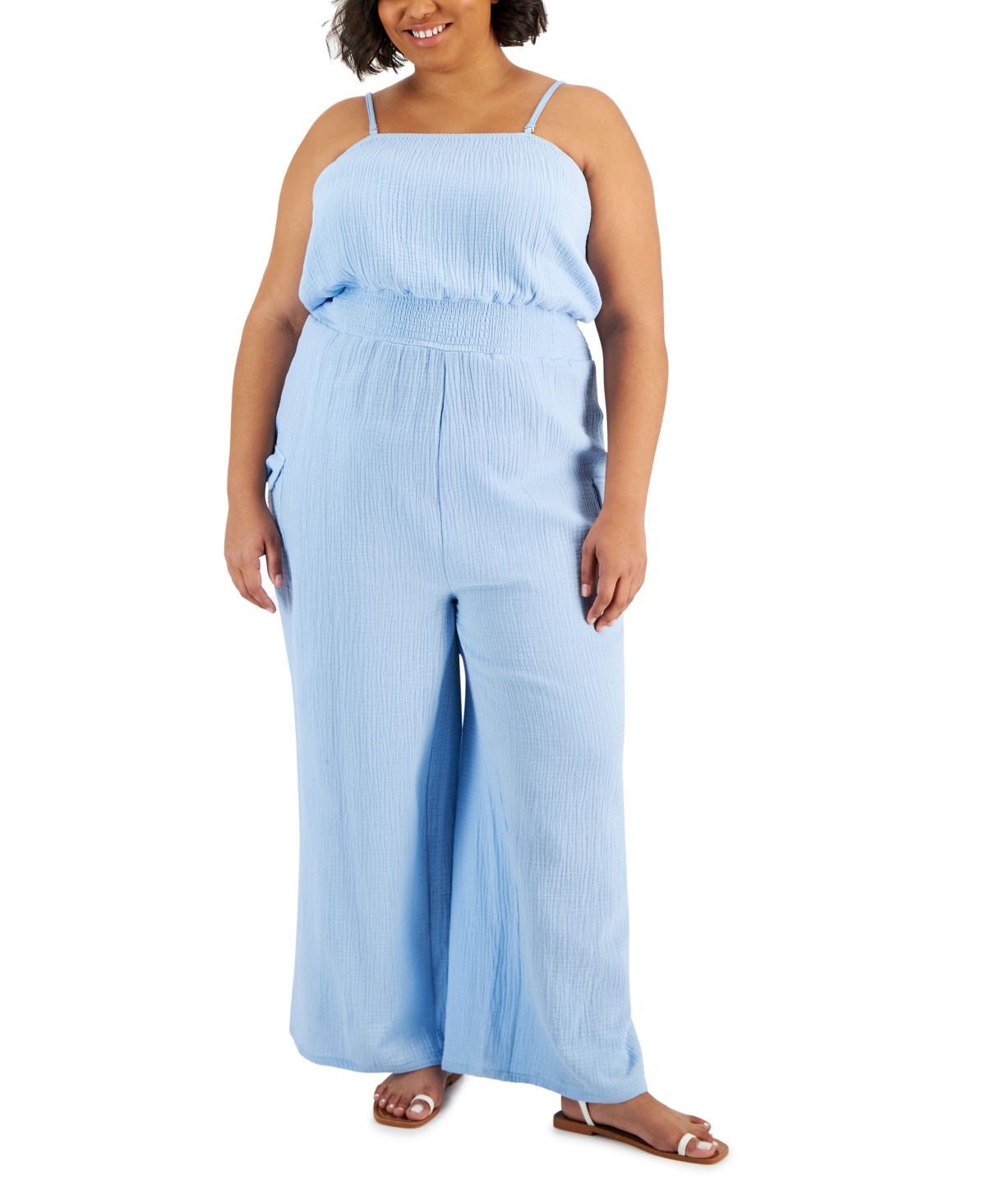 Shop Full Circle Trends Trendy Plus Size Cargo Jumpsuit In Mountain Blue