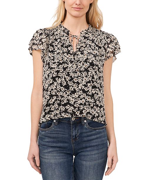 alfani CeCe Women's Floral Clip-Dot Tie-Neck Flutter-Sleeve Top Women's Fashion Shoes & Accessories