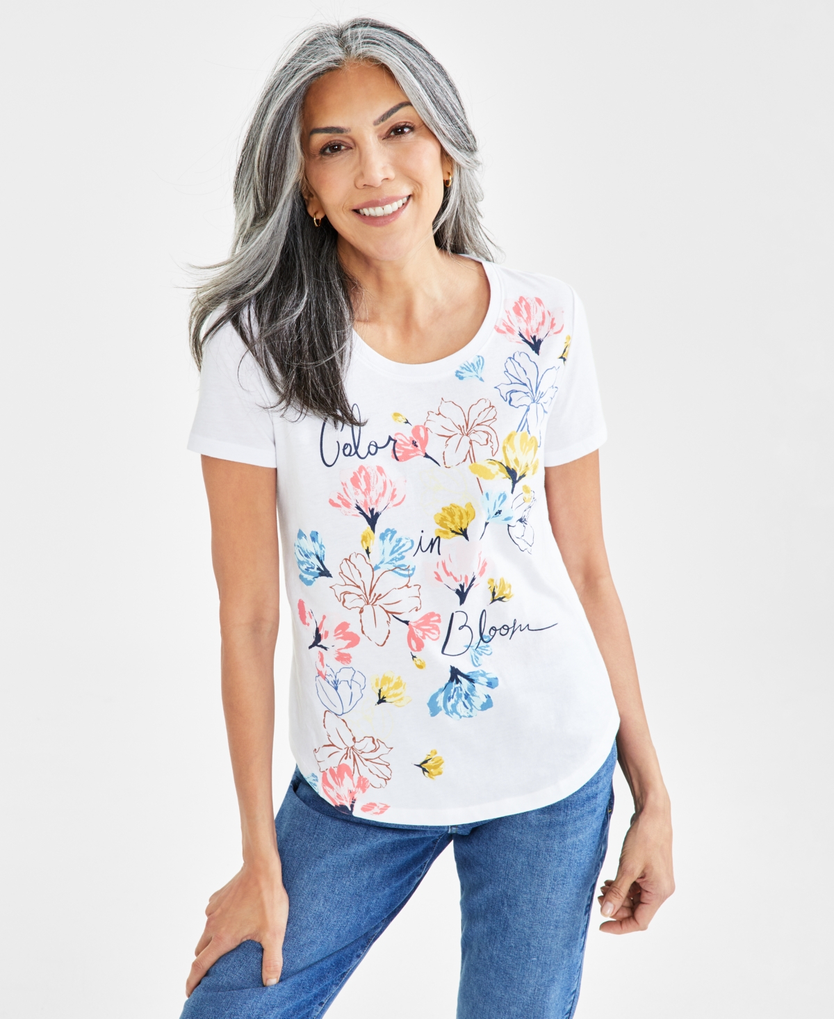 Style & Co Women's Graphic Crewneck T-shirt, Created For Macy's In Bloom Uniform Blue