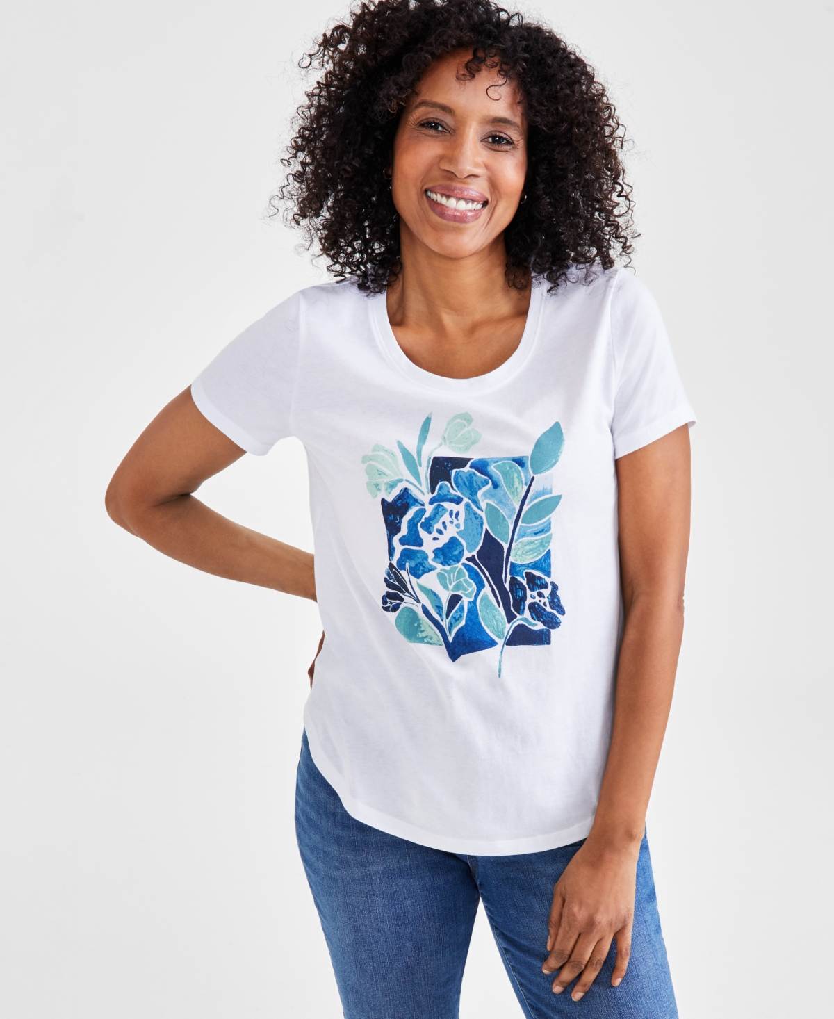 Shop Style & Co Women's Graphic Crewneck T-shirt, Created For Macy's In Blue Tulip