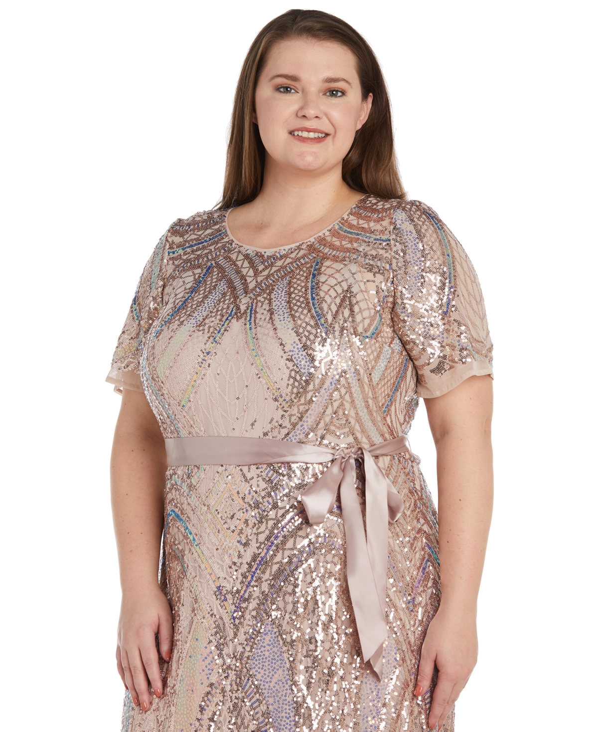 Shop R & M Richards Plus Size Sequined Short-sleeve Godet Gown In Blush,iris
