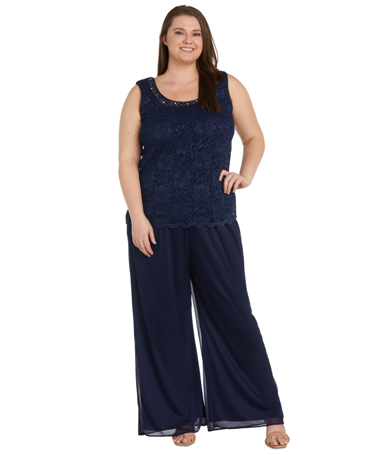 R & M Richards Plus Size 3-Pc. Waterfall Jacket, Glitter Top & Wide-Leg Pants Set
