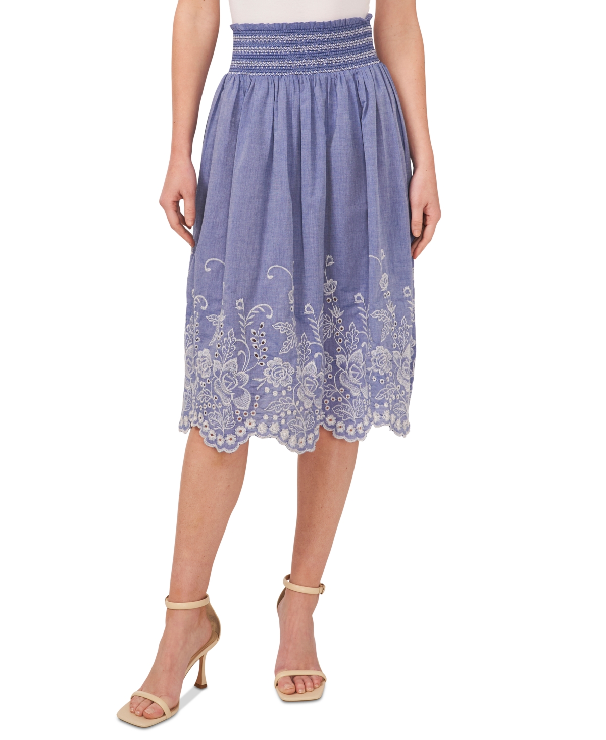 Women's Floral Embroidered Cotton Midi Skirt - Blue Air