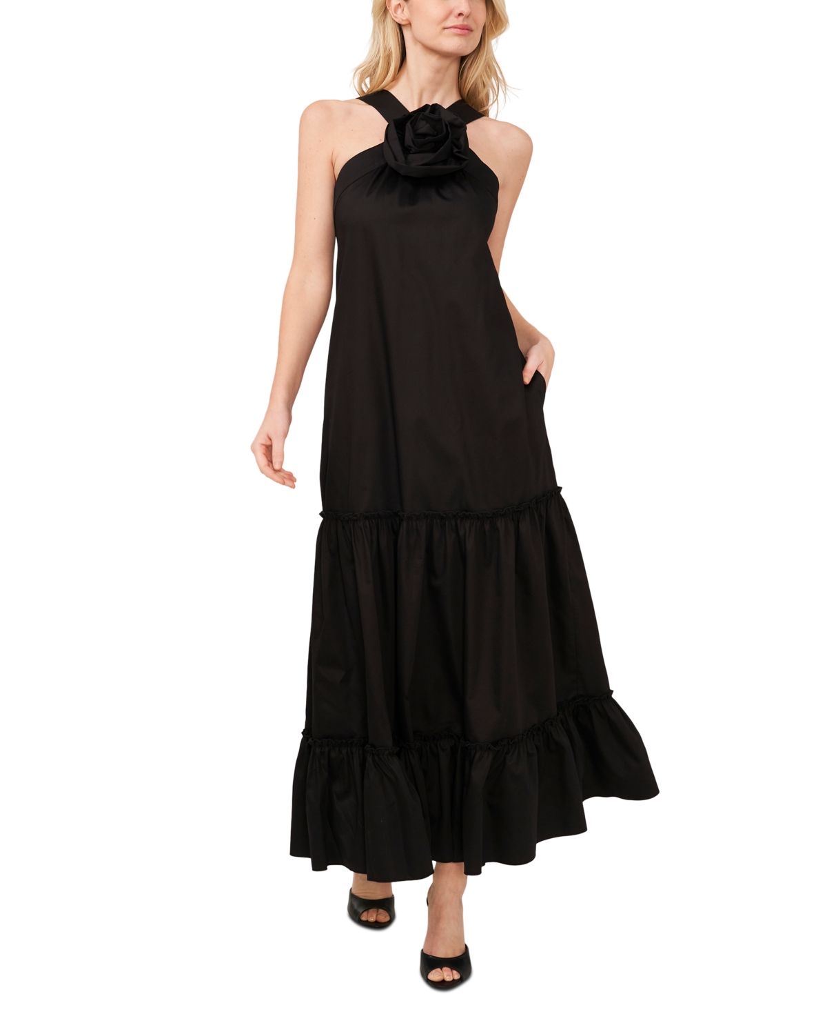 Cece Women's Tiered Roseette Halter Maxi Dress In Rich Black