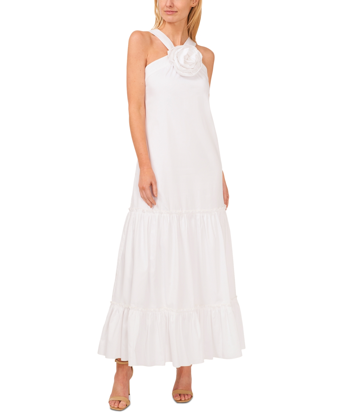 Cece Women's Tiered Roseette Halter Maxi Dress In Ultra White