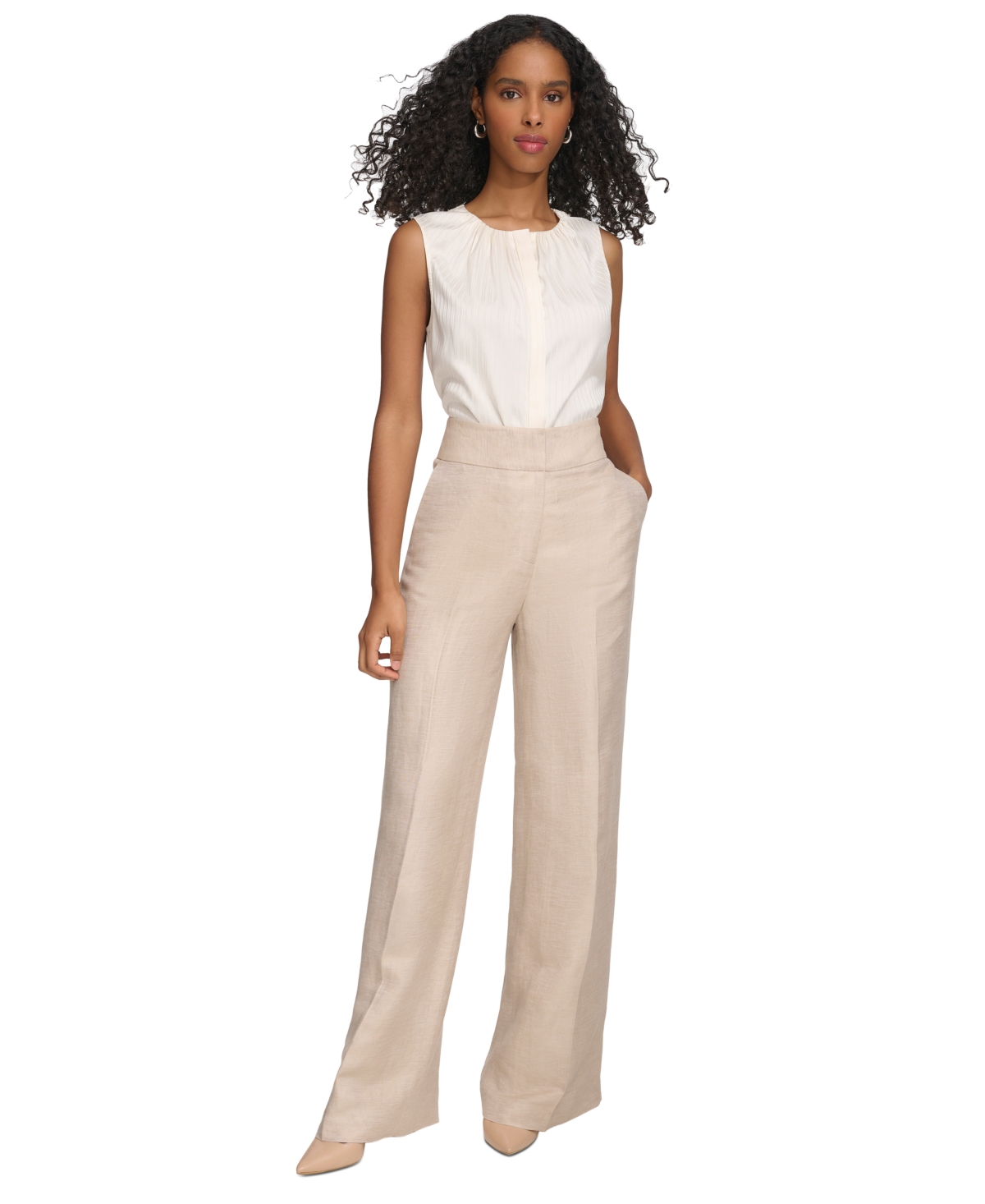 Shop Calvin Klein Women's Linen Wide-leg Pants In Khaki,white