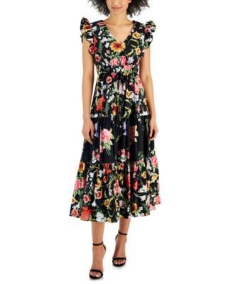 Anne Klein - Women's Cotton Floral-Print Tie-Waist Midi Dress