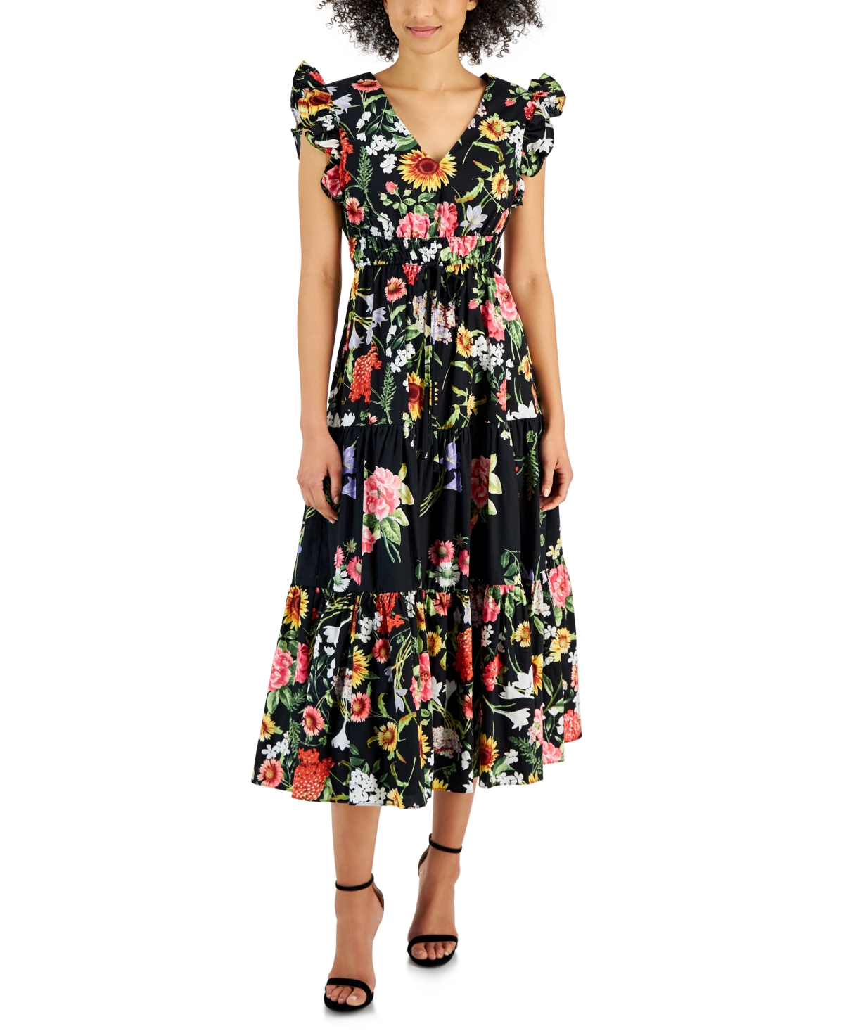 Women's Cotton Floral-Print Tie-Waist Midi Dress - Anne Black