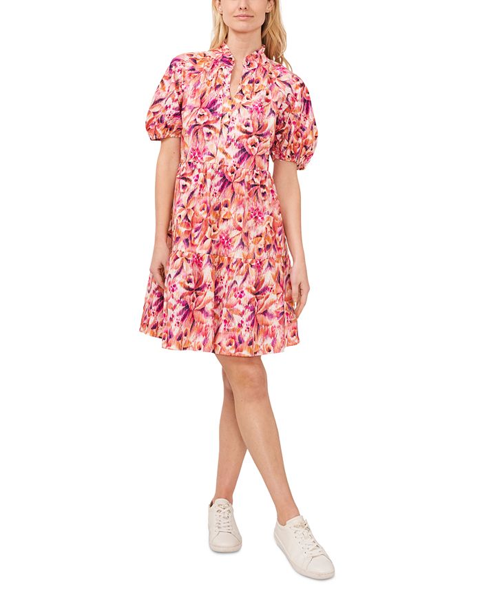 CeCe Women's Printed Puff Sleeve Ruffled Neck V-Neck Tiered Baby Doll ...