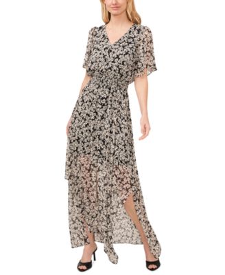 CeCe - Women's Clip-Dot Floral Batwing-Sleeve Maxi Dress