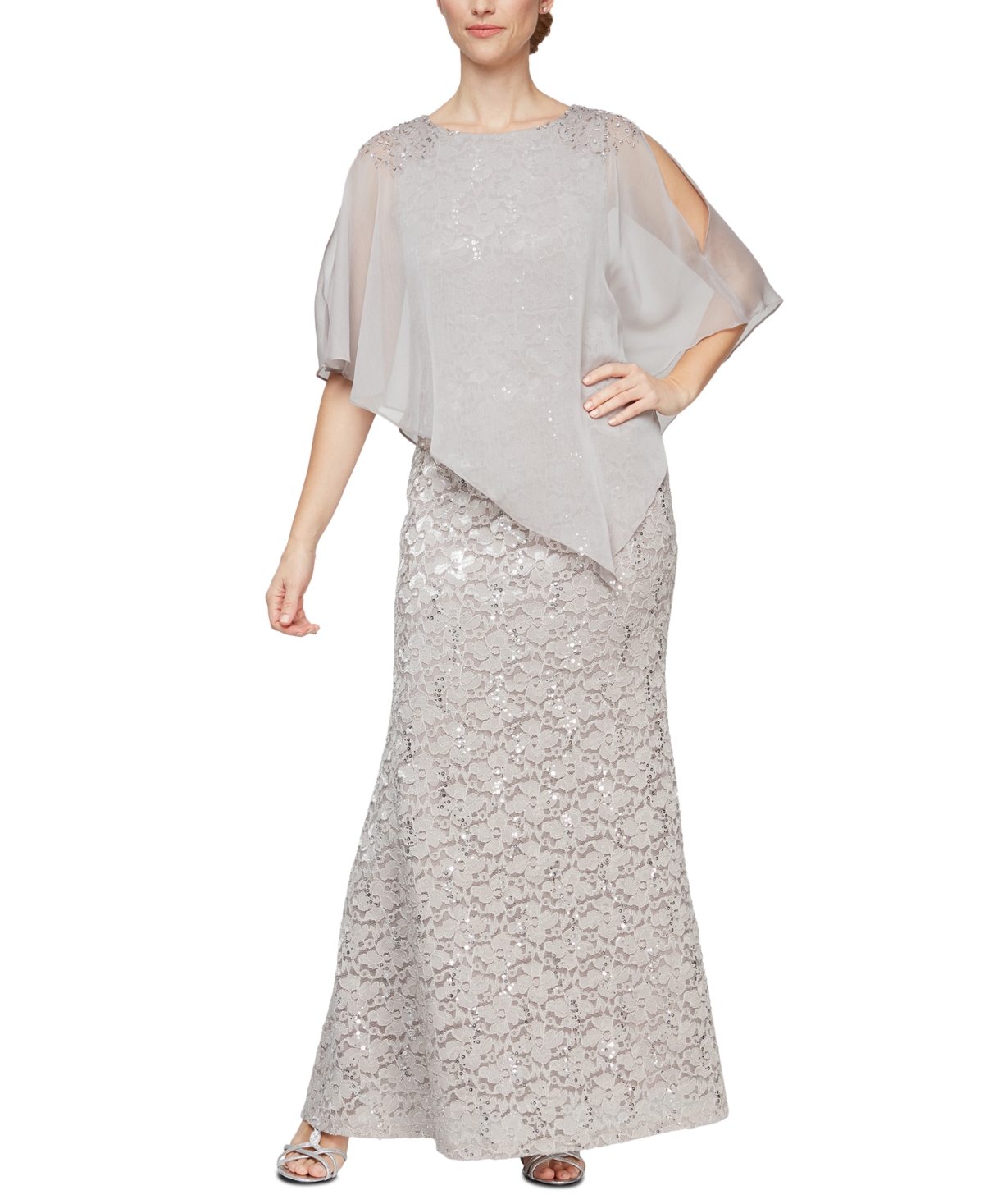 Sl Fashions Petite Round-neck Sequin Lace Cape Dress In Buff