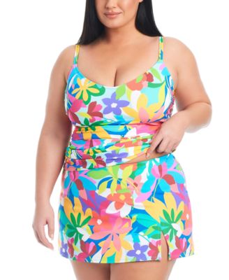 Bleu By Rod Beattie Plus Size Away We Go Scoop Neck Tankini Skirted Hipster Bottoms In Multi