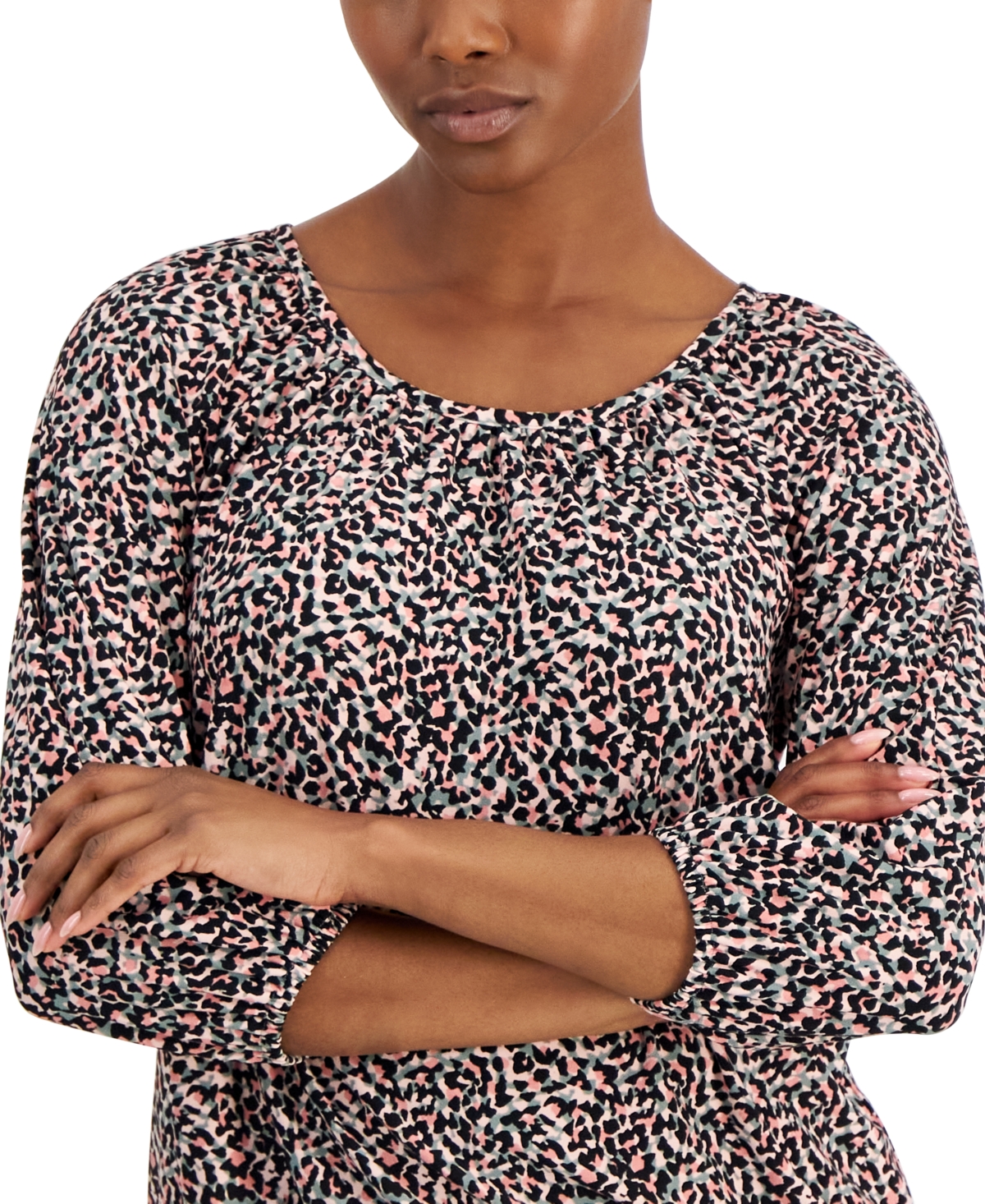 Ak Anne Klein Petite 3/4-Sleeve Animal-Print Peasant Top -Dark Jade Stone Multi