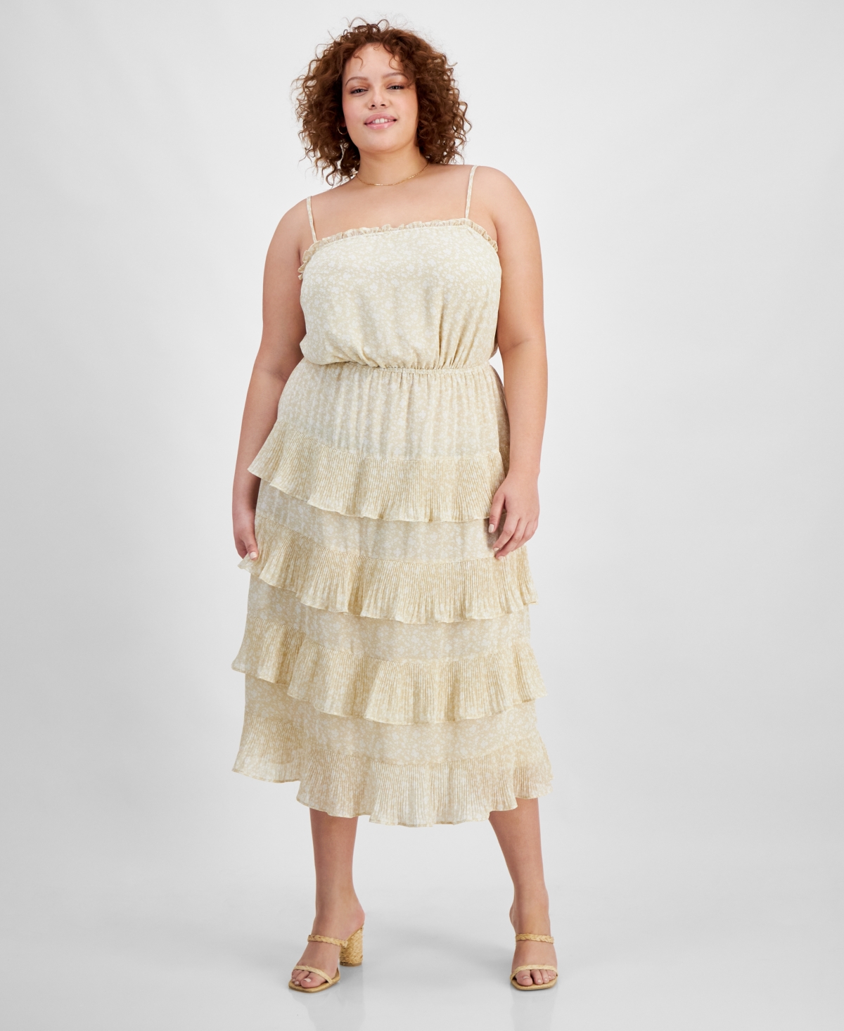 And Now This Trendy Plus Size Printed Ruffle-trim Midi Dress In Neutral Floral