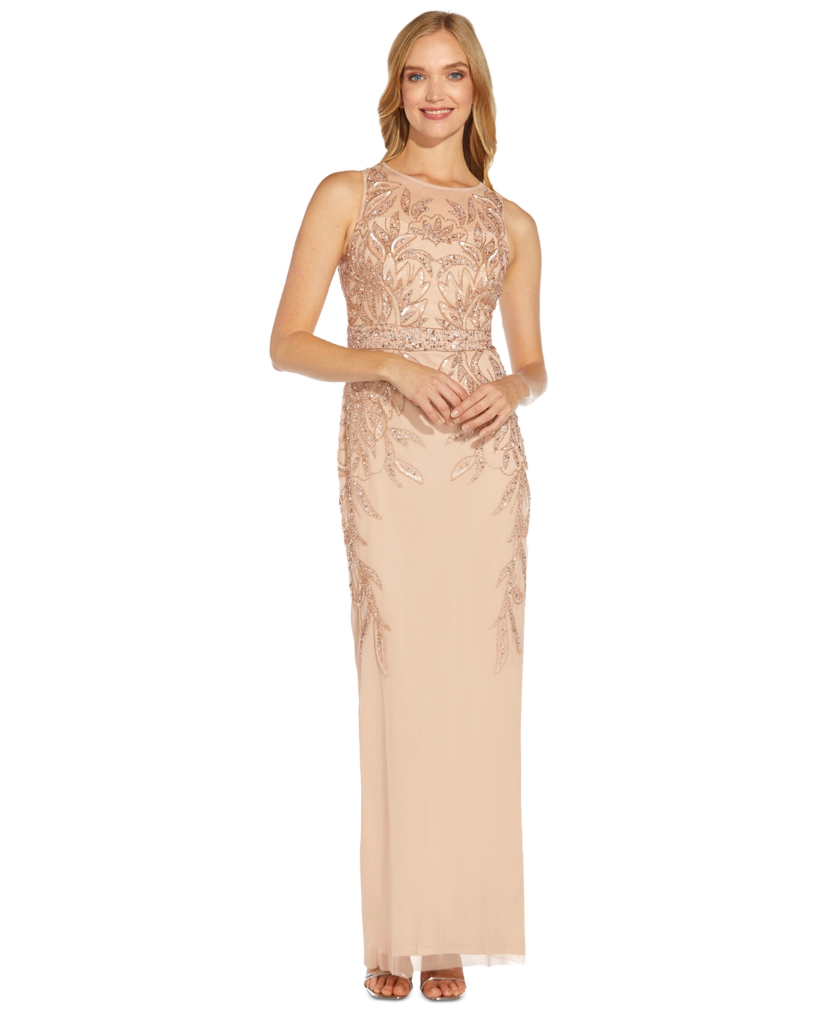 Adrianna Papell Petite Beaded Sleeveless Sheath Gown In Rose Gold