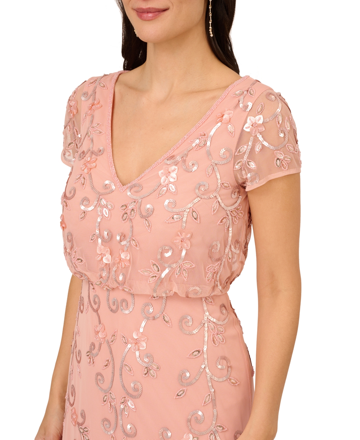 Shop Adrianna Papell Women's V-neck Beaded Short-sleeve Gown In Coral