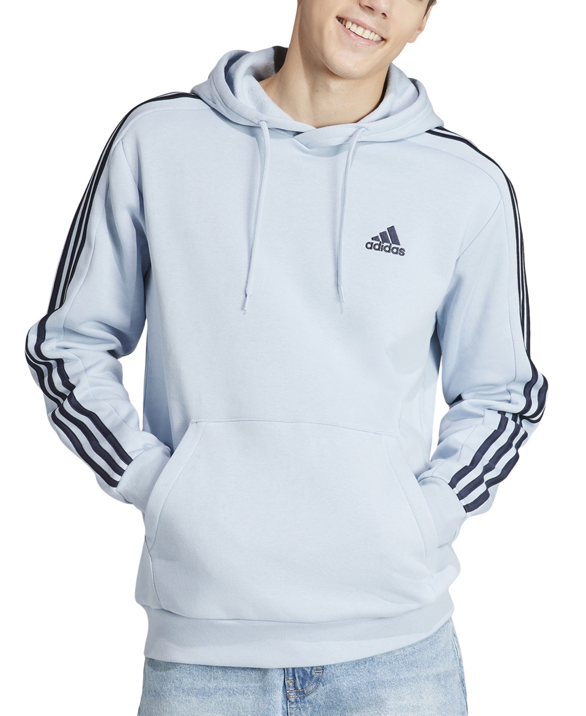 Shop Adidas Originals Men's Essentials 3-stripes Regular-fit Fleece Hoodie, Regular & Big & Tall In Wonder Blue,leg Ink