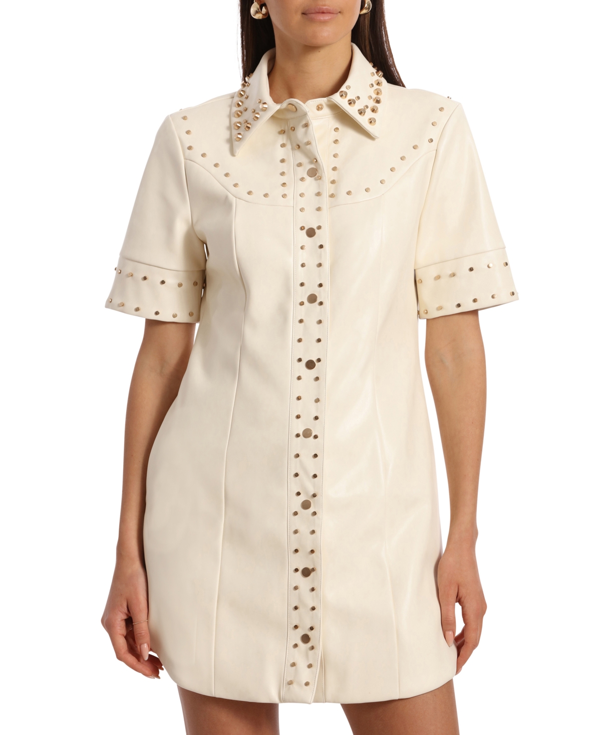 Shop Avec Les Filles Women's Faux-leather Studded Shirtdress In Gardenia