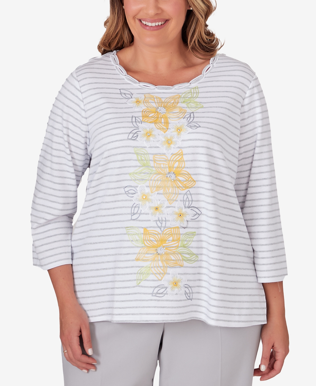 Shop Alfred Dunner Plus Size Charleston Striped Embroidered Top In Pearl