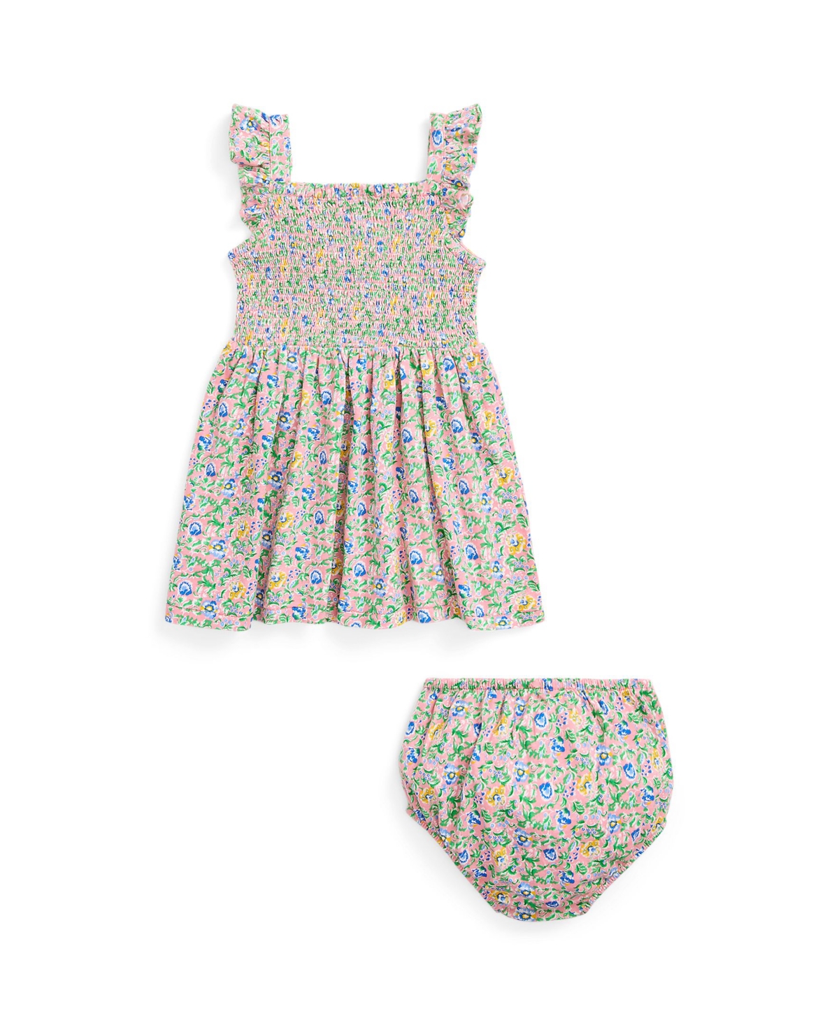 Shop Polo Ralph Lauren Baby Girls Floral Smocked Cotton Dress And Bloomer Set In Beneda Floral Pink,vista Blue