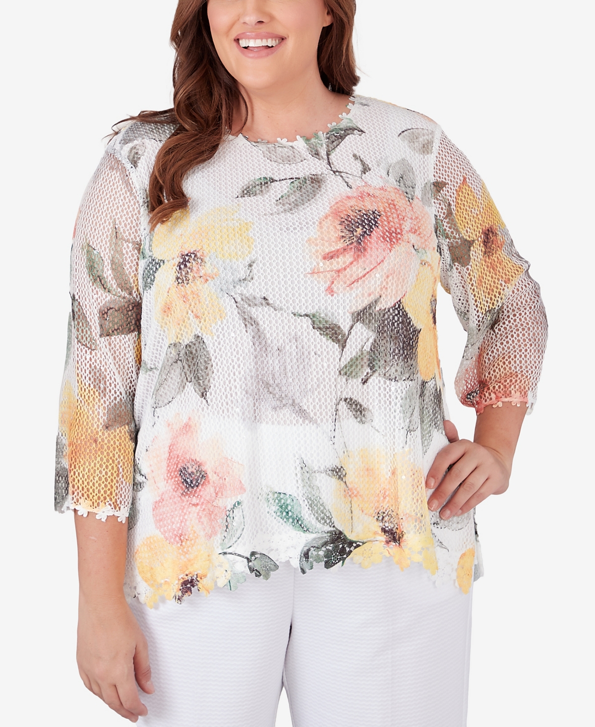Shop Alfred Dunner Plus Size Charleston Watercolor Floral Mesh Top In Multi
