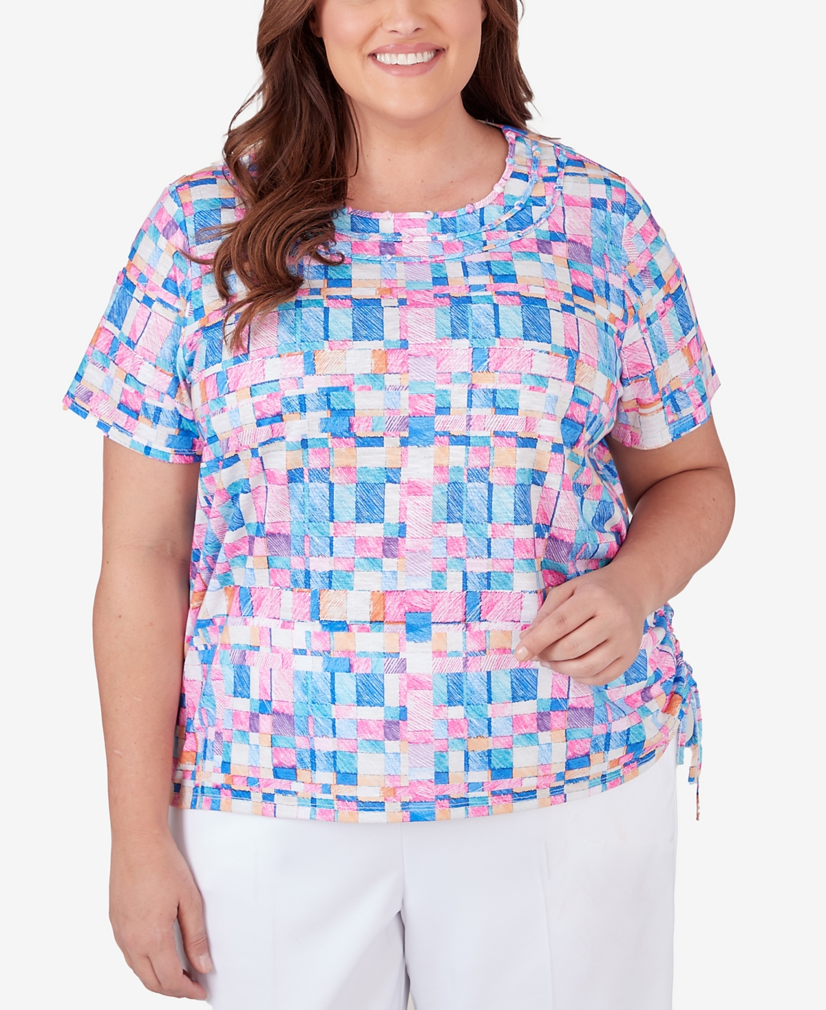 Shop Alfred Dunner Plus Size Paradise Island Geometric Top With Braided Neckline In Multi