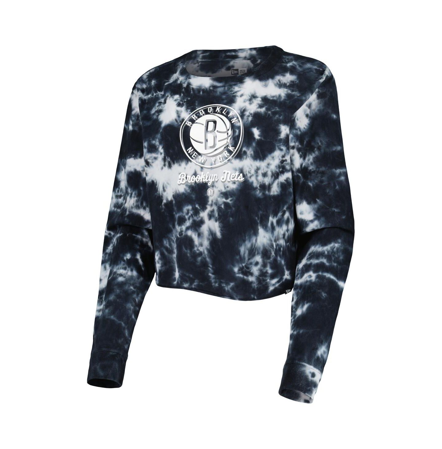 Женская футболка New Era Black Brooklyn Nets Tie Dye Cropped Long Sleeve — фото 3