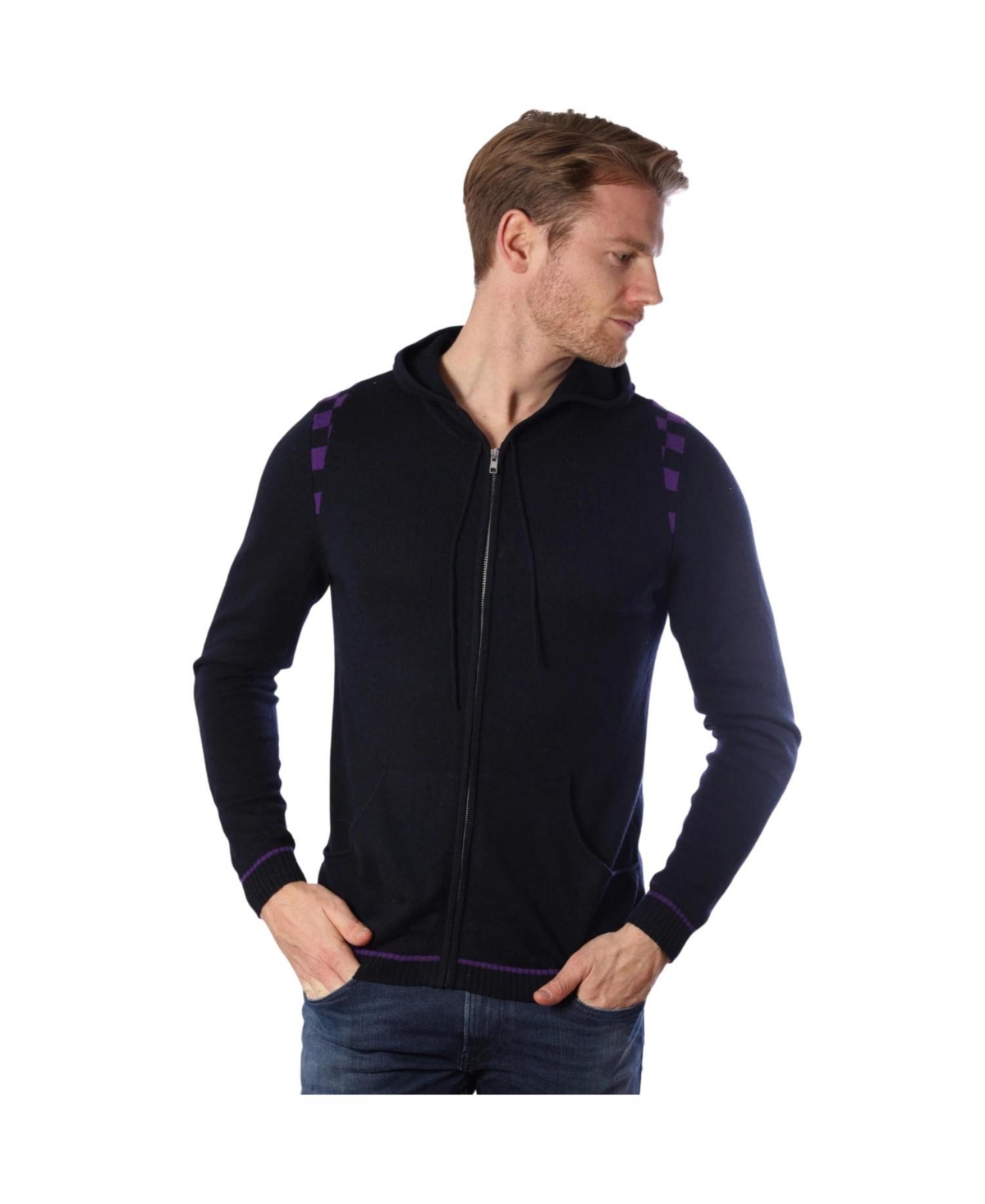 Bellemere Men's Merino and Cotton Checker Print Tracksuit Jacket - Navy blue