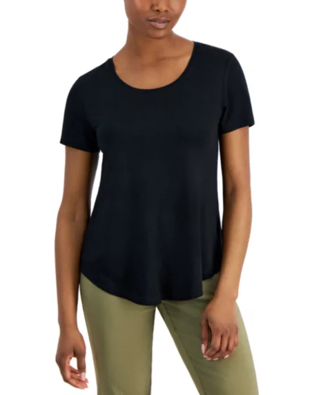Petite Solid Rayon Span Short-Sleeve Top - Deep Black