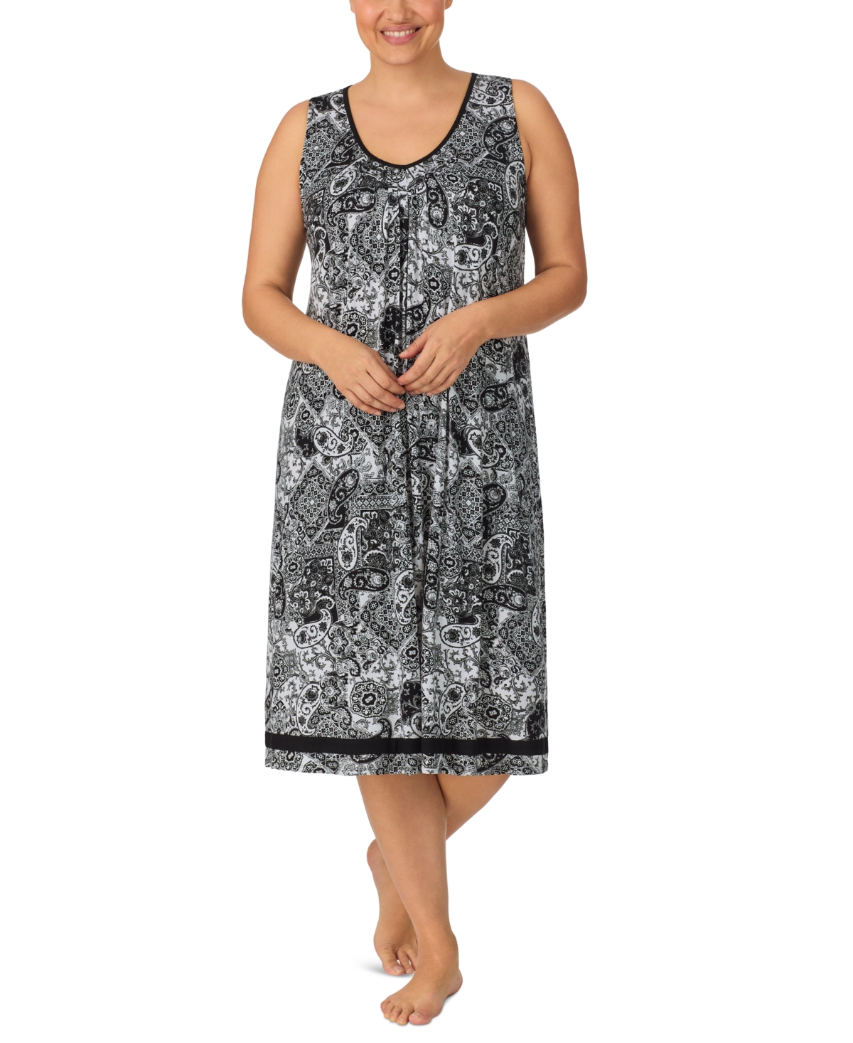 Ellen Tracy Plus Size Printed V-neck Midi Nightgown In White Grid